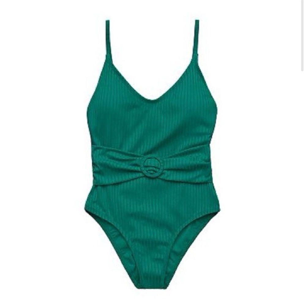 NWT Green Ribbed Belted One-Piece Swimsuit